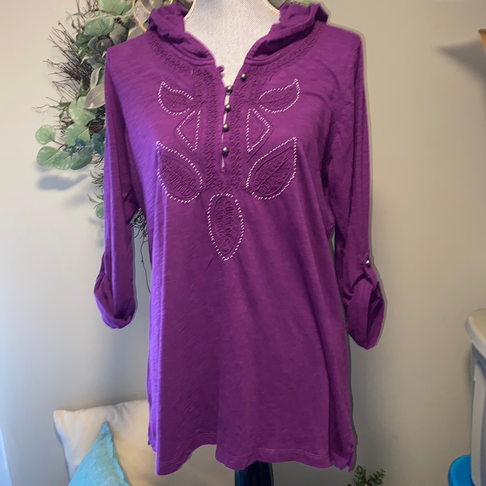 Sonoma loose fit long sleeve hooded cotton top beaded  macrame boho  purple M